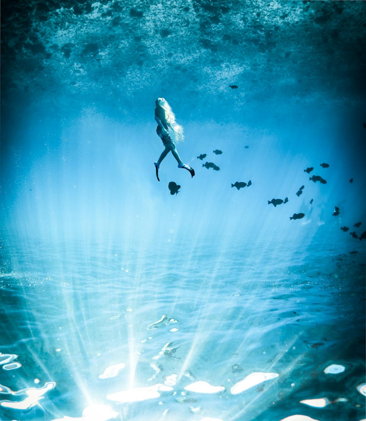 A diver illuminated underwater